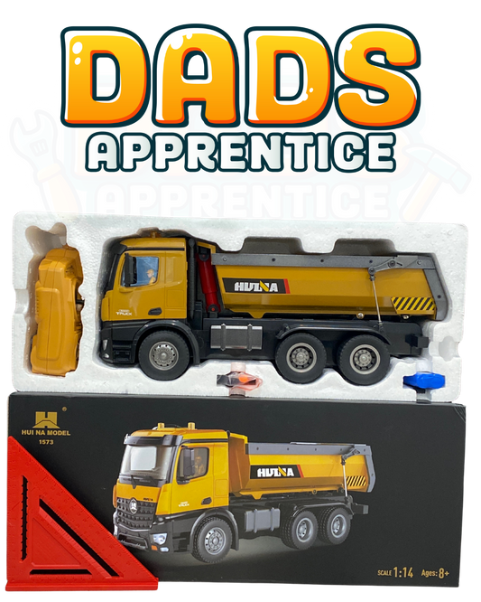 Toy truck in packaging with 'DADS APPRENTICE' text on a white background